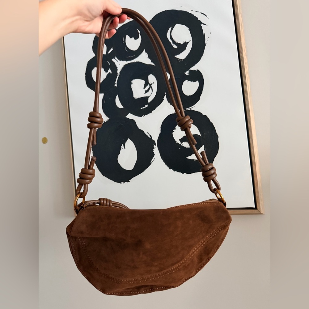 Brown Faux Suede Knot Strap Shoulder Bag with Bronze Hardware